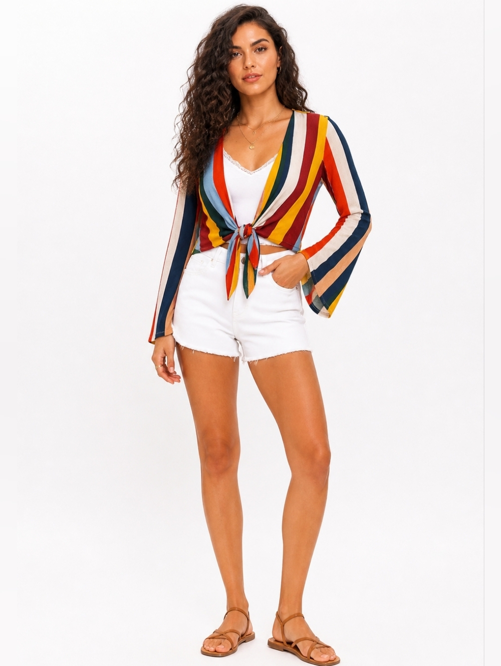 Title:Forever 21 Multicolor Stripe Tie Front Bell Sleeve Crop Top Boho Festival - Picture 7 of 7
